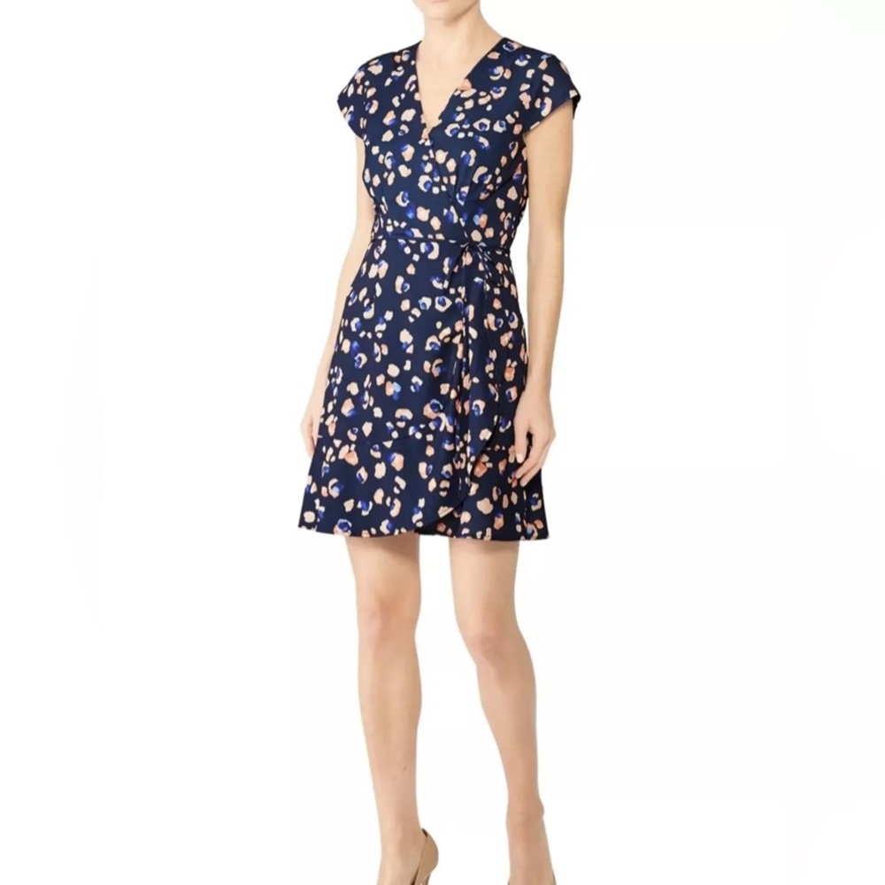 Anthropologie Hutch Womens Navy Leopard Wrap Dress Mid-Thigh Cap Sleeve Size OX